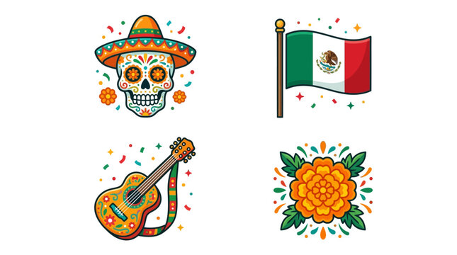 Vibrant Mexican holiday symbols mix skull guitar flag and pineapple