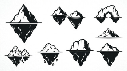 Collection of Stylized Iceberg Illustrations in Black and White. © Azhaa