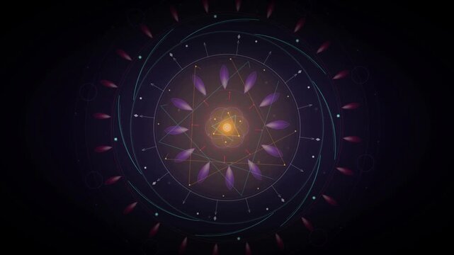 Mystical mandala with sacred geometry symbols and glowing center on dark cosmic background