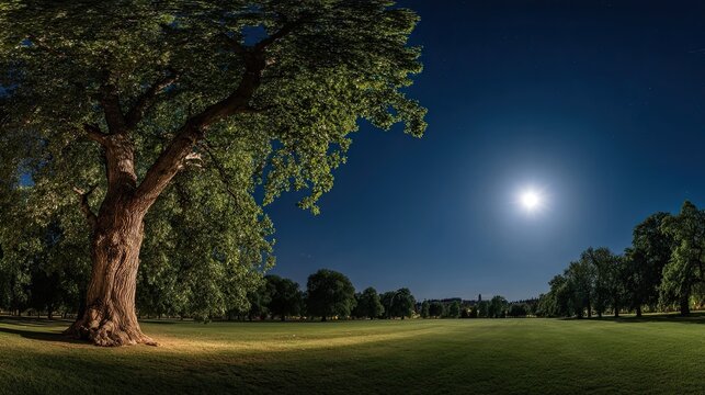 London Plane Tree - Majestic Full Moonlit Summer Night Park Landscape Green