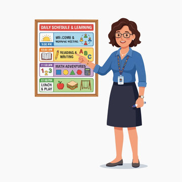 Teacher's Schedule: A kind teacher guides students with a schedule.