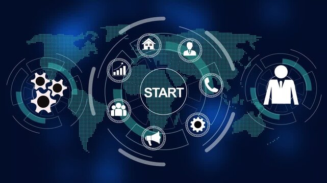 Dynamic digital business interface featuring rotating global network corporate strategy hud animated start button, and futuristic data connectivity for tech presentations