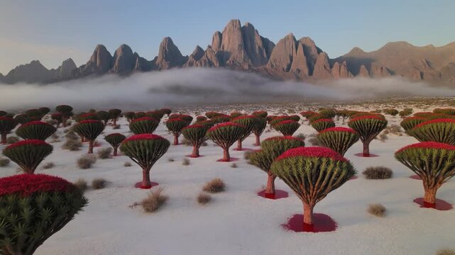 Epic Drone Reveal of Dragon Blood Trees on Socotra Island with Morning Mist