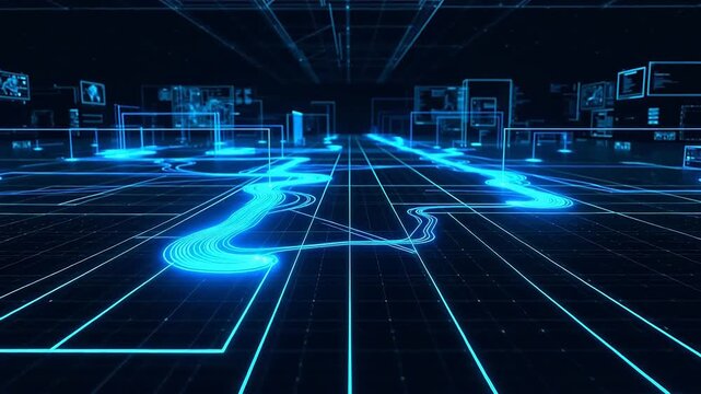 Futuristic digital city with glowing blue data paths and network connections, representing modern technology and global communication