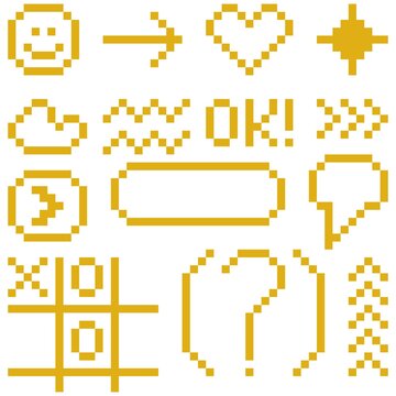 Set of golden yellow pixel art icons and symbols: Design for retro video game interfaces, nostalgic web design elements, and creative social media stickers. Vector. JPEG version.