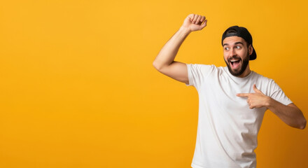 Naklejka premium Excited Man Cheerful Success Celebration Achievement Happy Triumph Winner Joyful Victory Goal Celebrating Portrait Guy Expression Fist Up
