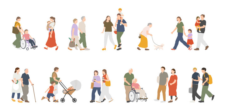 育児や介助を含む多世代人物の生活イラストセット 日常を歩く人々の素材集