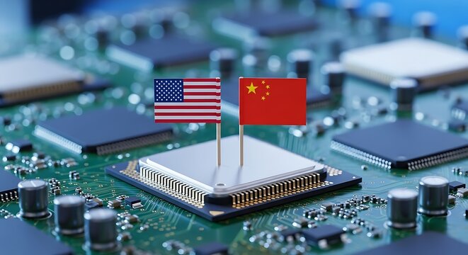 Semiconductor processor featuring miniature USA and Chinese flags positioned on a green circuit board with beautiful bokeh. Ideal for international commerce and tech policy editorial design.