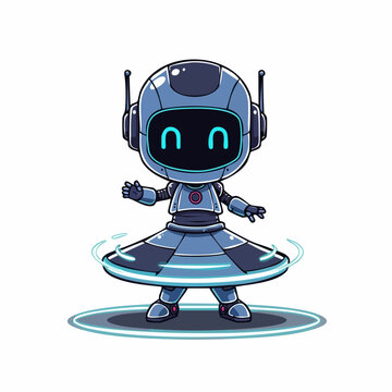 Chibi robot dancer spinning with glowing energy rings, adorable futuristic character design.