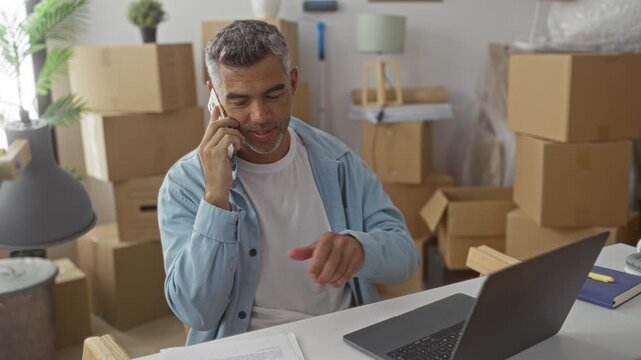 Man on phone holding paperwork beside laptop at table in building packed with stacked moving boxes and lamp; moving planning focused.