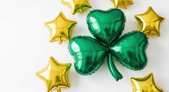 Festive St Patrick's Day Shamrock Balloon Celebration with Golden Star Foil Balloons Holiday Decor Lucky Theme Symbol Celebration Background