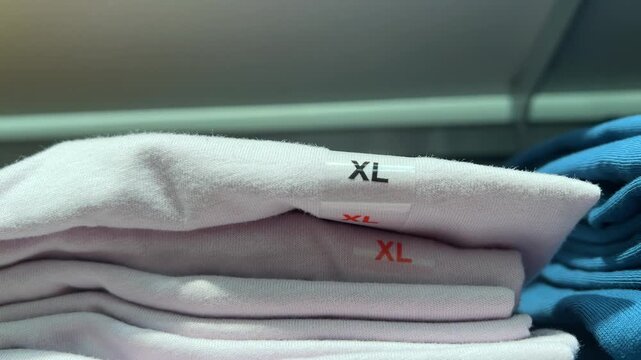 Horizontal video close up. Sticker with red and black XL size sign on white t-shirt, casual clothes. Concept of oversize, 11 november, Black Friday sale, retail, buying in retail store, shop, fashion