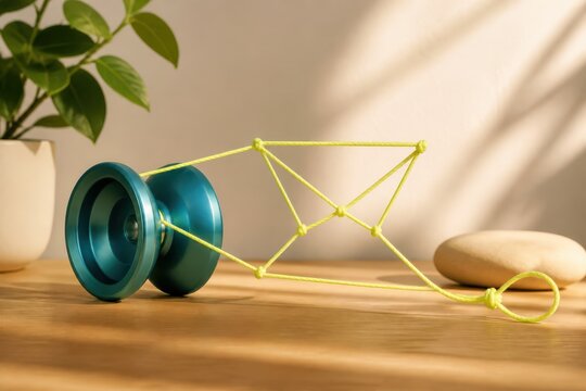 Yo yo toy with geometric string pattern in warm sunlight