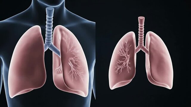 4K Clean CGI Depiction of Pediatric Lung Anatomy Comparison Between Healthy and Diseased Lungs on Dark Background