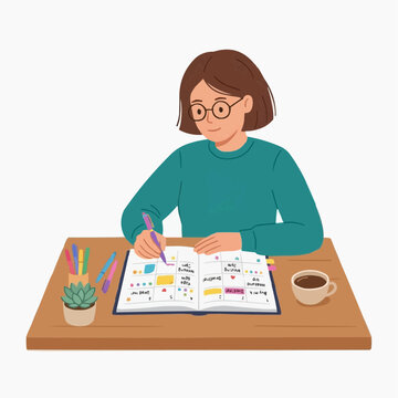 Introspective Note-Taking: A woman diligently chronicles her thoughts and plans in a personal journal, cultivating a mindful approach to self-reflection and organization. 