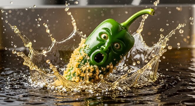 Green jalape&ntilde;o with surprised face mid-splash in golden liquid
Jalape&ntilde;o pepper with carved face splashing into liquid