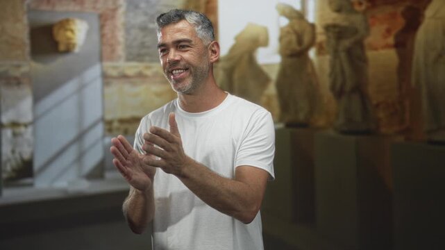 Man clapping hands and smiling beside stone sculptures on plinths in a museum building, hands mid clap and relaxed posture; appreciation.
