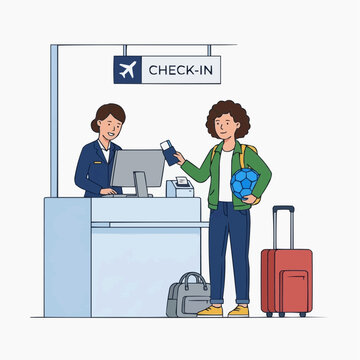 Airport Check-In: A traveler at the check-in counter prepares for departure, with luggage and necessary documents readily at hand, in preparation for the journey ahead.
