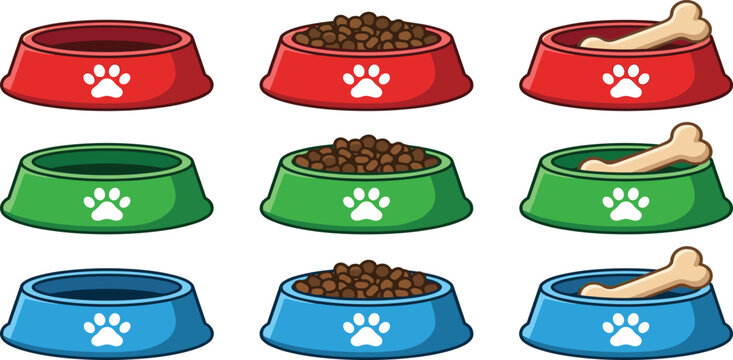Set of colorful pet bowls with dry food and bones for dog or cat animal care themes