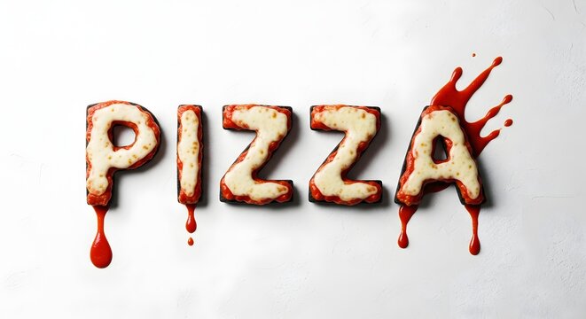 Cookie letters spelling pizza with white icing and red drip
The word pizza made from decorated cookies with dripping red liquid
Pizza spelled in cookie letters with icing and blood-like drip