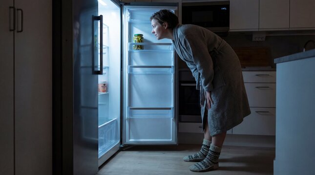 Woman in Robe Looking into Brightly Lit Refrigerator at Night