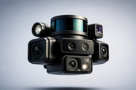 Futuristic AI surveillance camera system with multiple sensors isolated on white