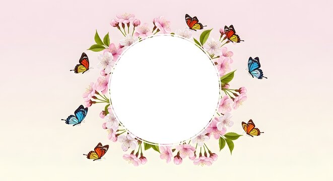 Blank white circle surrounded by butterflies and cherry blossoms
Illustration of circle framed by colorful butterflies and pink flowers
Decorative circle with butterflies and cherry blossom petals
