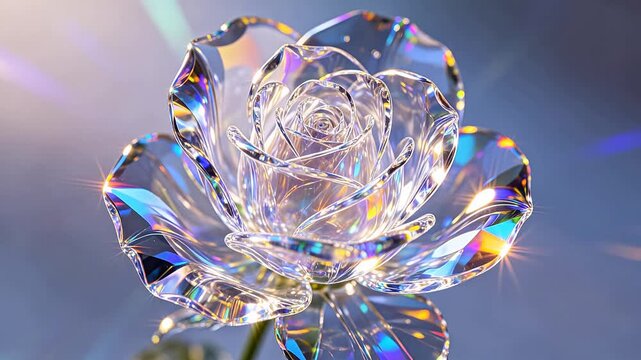 Transparent crystal rose sculpture with colorful light refraction
