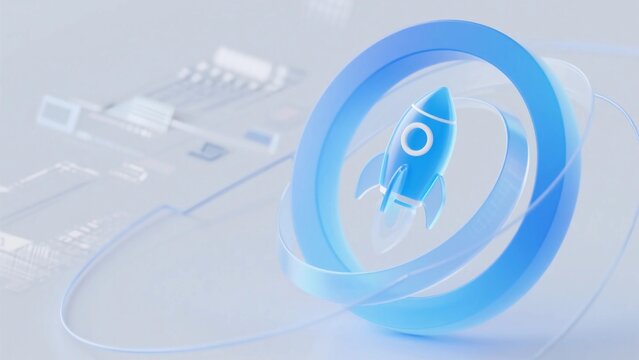 Rocket Symbol Encased in Blue Circular Rings with Abstract Technological Background
