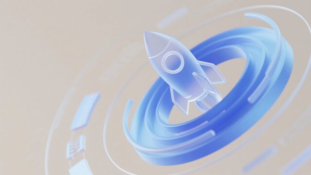 Rocket Surrounded by Blue Spiral Rings with Transparent Digital Elements