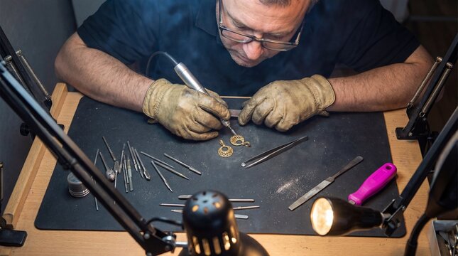 Jeweler Engraving Gold Pendant with Rotary Tool Under Bright Lamps