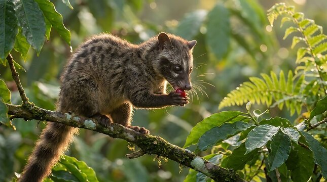 Asian palm civet luwak eating red coffee cherry on branch