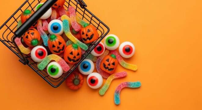 Halloween Candy Extravaganza: Colorful Pumpkin Faces Eyeballs Worms Overflowing from Black Basket Holiday Celebration Trick Or Treat Goodies On Orange Backdrop