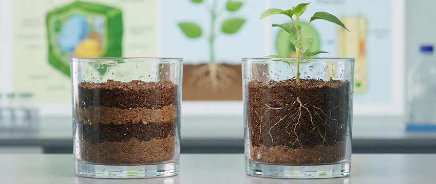 Young plant growing in soil-filled glass containers demonstrating the basic needs of living things including water and nutrients for survival and d...