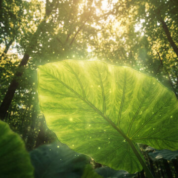 Large green leaf absorbing sunlight for photosynthesis in a forest environment highlighting the basic needs of living things such as air and light