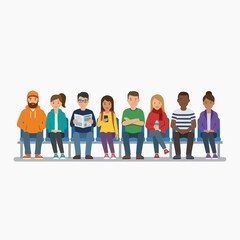 Fototapeta premium Patiently Waiting: A diverse group of individuals sits together, unified in the shared experience of waiting, each absorbed in their own pursuits while coexisting in a moment of stillness.