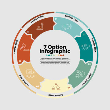 Circle infographic with 7 step section options for business presentations and reports. Circle 7 infographic. Vector illustration editable.