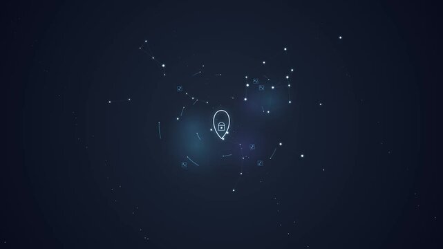Digital light bulb icon with connected network nodes symbolizing innovation and technology in a dark futuristic graphic environment from a central viewpoint