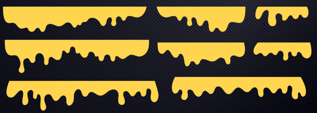 Set of melting yellow liquid drips. Honey or cheese dripping vector elements. Collection of liquid shapes isolated on transparent background.