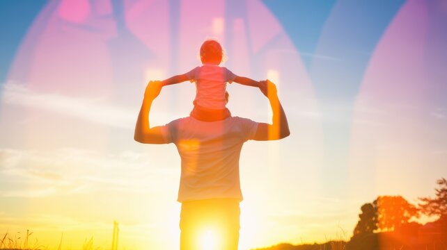 Silhouette of father carrying child on shoulders against vibrant sunset sky