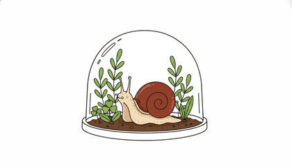 Snail in terrarium, glass dome illustration, garden snail, indoor plants, vector clip art © Sydney