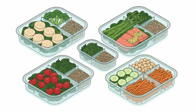 Healthy meal prep containers, colorful food storage boxes, vector illustration, plastic lunch boxes, portion control trays