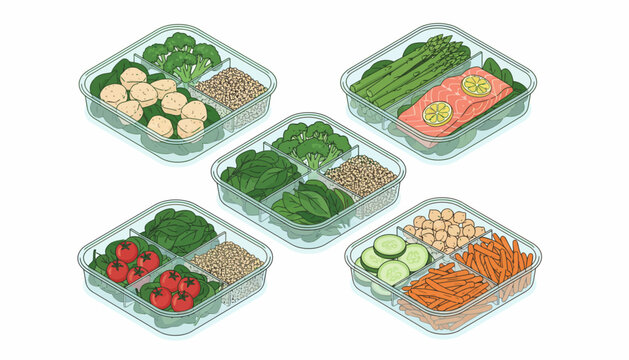 Veggie meal prep, healthy food storage, colorful vegetable containers, portion control, illustration set of 5