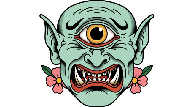 Cyclops monster head, green skin, cartoon illustration, tattoo design, fantasy creature
