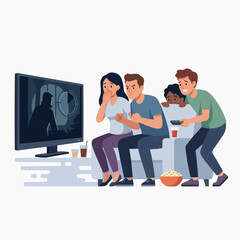 Obraz premium Fearful friends watching horror movie: A group of friends sits on a sofa, eyes glued to a television screen, as a terrifying scene unfolds before them.