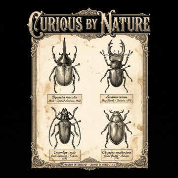 Vintage entomology poster featuring scientific beetle illustrations in antique style