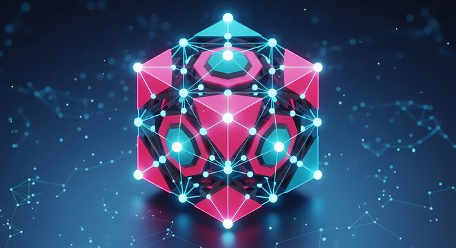 Cryptographic block core features luminous network nodes and vibrant neon geometric patterns against a dark bokeh background. Ideal for deep learning and data security web design projects.