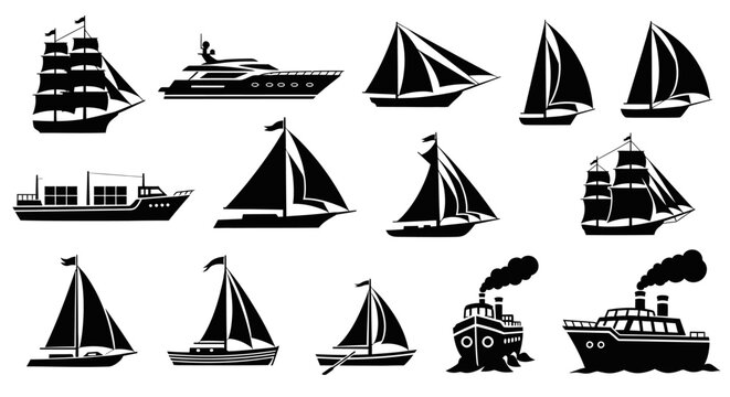 Set of black and white vector illustrations of various boats and ships