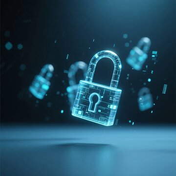 暗い空間の青く発光するデジタルの南京錠アイコン、サイバーセキュリティのコンセプトイメージ