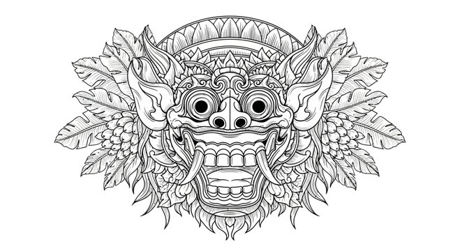 Intricate Balinese Barong Mask Line Art - Traditional Indonesian Cultural Symbol